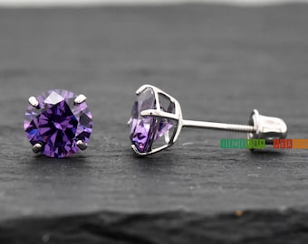 14K White Gold February Birthstone CZ Studs Screw Back Earrings | Simulated Purple Amethyst CZ Studs Earrings | Girls Womens Gold Earrings