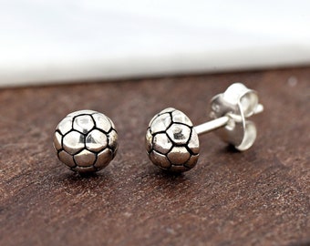 Oxidized Solid 925 Sterling Silver 5mm Tiny Half Dome Soccer Ball Sports Theme Stud Push Back Earring Girls Children's Kids Women's Jewelry