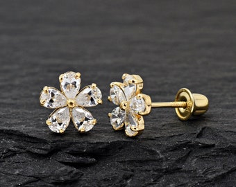 Daisy Flower Stud Earrings Cute Women Studs Earrings Elegant Cartilage Women's 14K Yellow Gold Stud Earrings Screw Back Dainty Vintage
