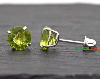 14K White Gold August Birthstone CZ Studs Screw Back Earrings | Simulated Peridot Olive Green CZ Studs Earrings | Girls Womens Gold Earrings