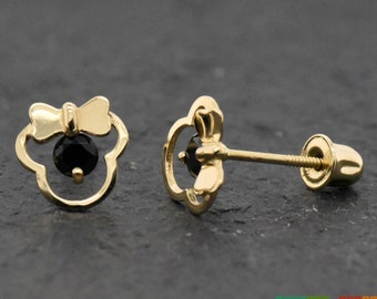 Gold Mouse Earring, Mouse with Ribbon Solid 14k Gold Screw Back Earrings Simulated Onyx Black Cubic Zirconia, Girls Childrens Mouse Earrings