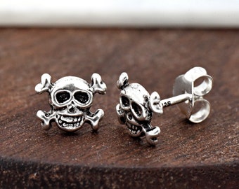 Oxidized Solid 925 Sterling Silver Dainty Small 7mm Skull Crossbones Pirate Stud Push Back Earring Girls Children's Kids Women's Jewelry