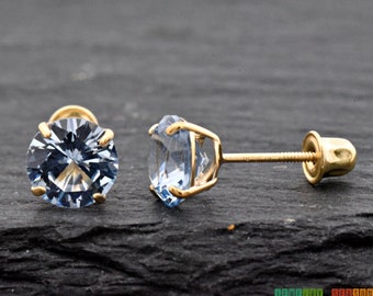 14k Gold Simulated Aquamarine CZ Earrings, Simulated March Birthstone Screw Back Studs, Girls Womens Childrens Aquamarine Birthstone Earring