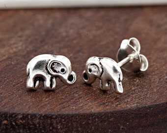 Vintage Style Oxidized Solid 925 Sterling Silver Dainty 8mm Elephant Animal Stud Push Back Earring Girls Children's Kids Women's Jewelry