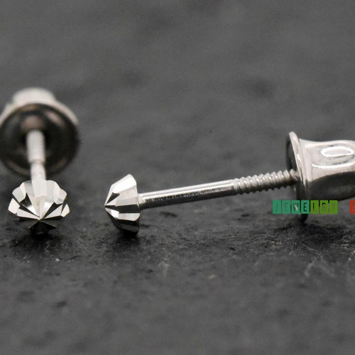 14K White Gold Studs Diamond Cut Flat Back Ball Stud Earrings