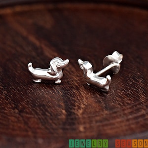 Solid 925 Sterling Silver 10mm Cute Tiny Dachshund Dog Stud Push Back Earring Girls Children's Kids Women's / Dog Animal Theme Earrings