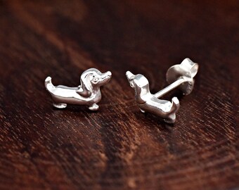Solid 925 Sterling Silver 10mm Cute Tiny Dachshund Dog Stud Push Back Earring Girls Children's Kids Women's / Dog Animal Theme Earrings