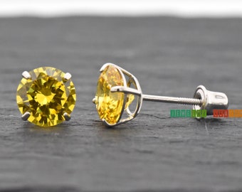 14K White Gold November Birthstone CZ Studs Screw Back Earrings | Simulated Yellow Topaz Studs Earrings | Girls Womens Gold Earrings Gift