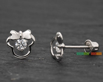 Solid 14k White Gold Mouse with Ribbon with Clear Cubic Zirconia Studs Screw Back Girls Kids Childrens Earrings Birthday Christmas Gift