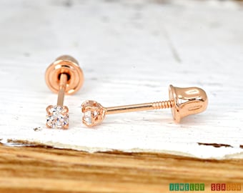 Solid 14k Rose Gold Stud Screw Back Clear Round Cubic Zirconia Basket Girls Children's Women's Earrings Pair 2mm 2.5mm 3mm 4mm 5mm 6mm 7mm