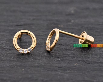 Dainty Karma Studs Earrings, 14K Gold Open Circle Karma with Three 1mm CZ Accented Studs Screw Back Earrings, Gold Karma Earrings, Zen