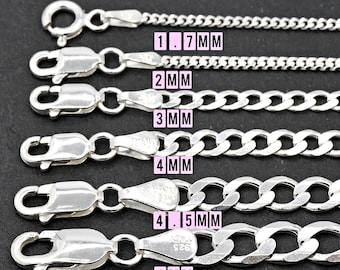 Solid 925 Sterling Silver Curb Chain 1.7mm 2mm 3mm 4mm 4.5mm 6mm Girls Womens Mens Minimalist Necklace, Simple Silver Curb Chain
