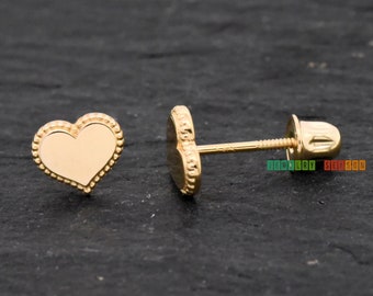 14k Solid Yellow Gold Flat Heart Minimalist Studs Screw Back Earrings. Women's Children's Girls Kids Dainty 5mm Tiny Heart Gold Earrings