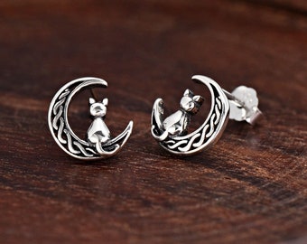 Sterling Silver Tiny 9mm Celtic Knot Crescent Moon with Cat Stud Earrings, Cute Earrings For Girls, Celestial Inspired Earrings Stud, Gift