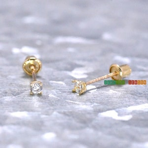 Soild Gold Earrings, 2mm Cubic Zirconia Screw Back Earrings, 14k Gold Screw Back Earrings, Toddlers Childrens Womens Stud Earrings Gold