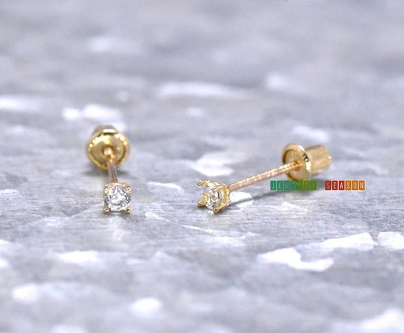 Soild Gold Earrings, 2mm Cubic Zirconia Screw Back Earrings, 14k Gold Screw  Back Earrings, Toddlers Childrens Womens Stud Earrings Gold 