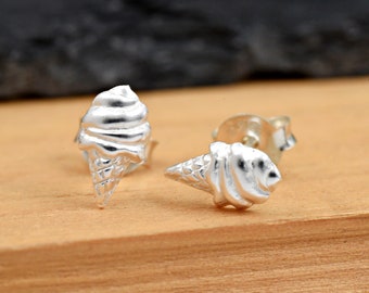 Solid 925 Sterling Silver Tiny 8mm Ice Cream Cone Stud Push Back Earring Girls Children's Kids Women's / Food Theme Silver Studs Earrings