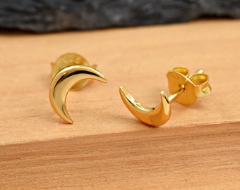 Gold Plated Solid 925 Sterling Silver Tiny 7mm Crescent Moon Stud Push Back Earring Girls Children's Kids Women's / Silver Studs Earrings