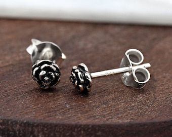 Oxidized Solid 925 Sterling Silver Tiny Small 4mm Rose Flower Dainty Stud Push Back Earring Girls Children's Kids Gift