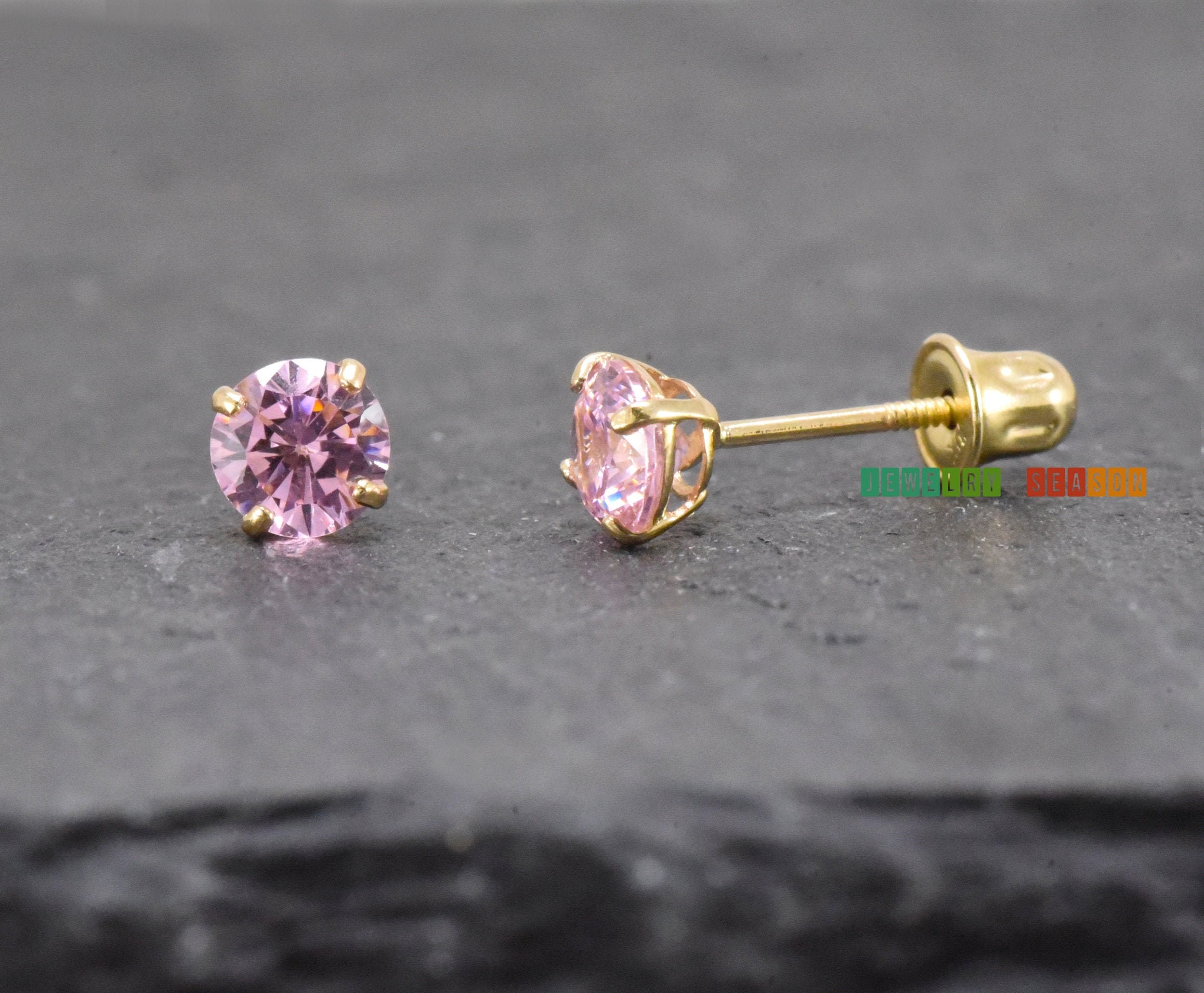 Baby Girls' Tiny CZ Birthstone Screw Back 14K Gold Earrings - Pink - in Season Jewelry