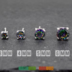 Solid 925 Sterling Silver Round Mystic Topaz Rainbow Color Cubic Zirconia Basket Set Stud Push Back Earring Girls Children&#39;s Kids Women&#39;s