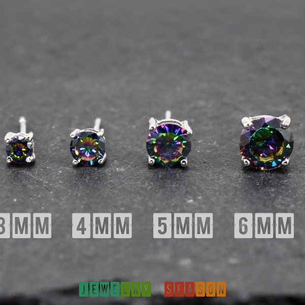 Solid 925 Sterling Silver Round Mystic Topaz Rainbow Color Cubic Zirconia Basket Set Stud Push Back Earring Girls Children's Kids Women's