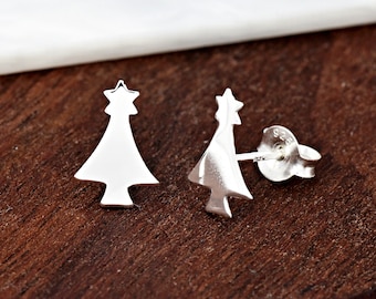 Solid 925 Sterling Silver 8mm Cute Tiny Christmas Tree Stud Push Back Earring Girls Children's Kids Women's / Christmas Theme Earrings