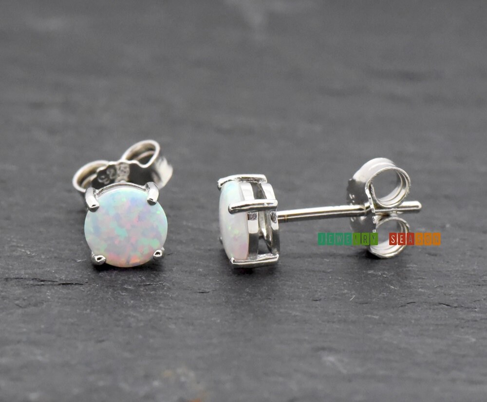Opal Stud Earrings Push Back, Solid Sterling Silver Opal Earrings, La…
