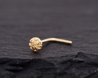 14K Gold 3mm Nugget Disc Nose Ring L Shape End | Tiny Disc L Bend Nose Stud | 22 Gauge Minimalist Gold Nose Piercing