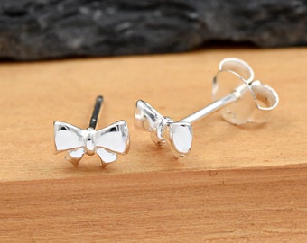 Solid 925 Sterling Silver Tiny 6mm Ribbon Stud Push Back Earring Girls Children's Kids Women's / Minimalist Dainty Earrings