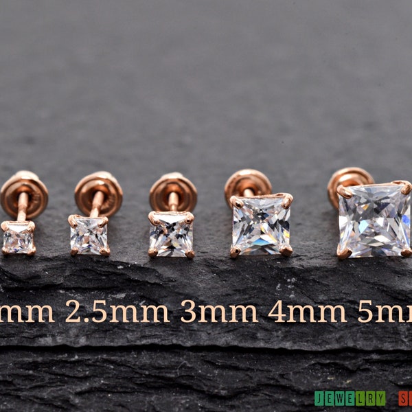 Princess Cut Cubic Zirconia Stud Screw Back Earrings 14k Rose Gold 2mm 2.5mm 3mm 4mm 5mm Children Girls Womens Everyday Jewelry Gift Ideas