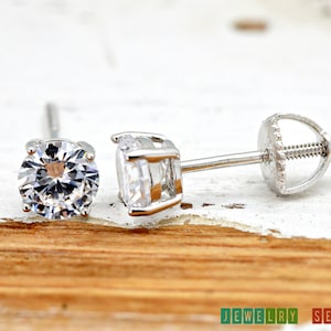 Solid 925 Sterling Silver Threaded Post Screw Back Earrings 2mm 3mm 4mm 5mm 6mm 7mm 8mm Clear Round CZ Basket Set Girls Womens Studs
