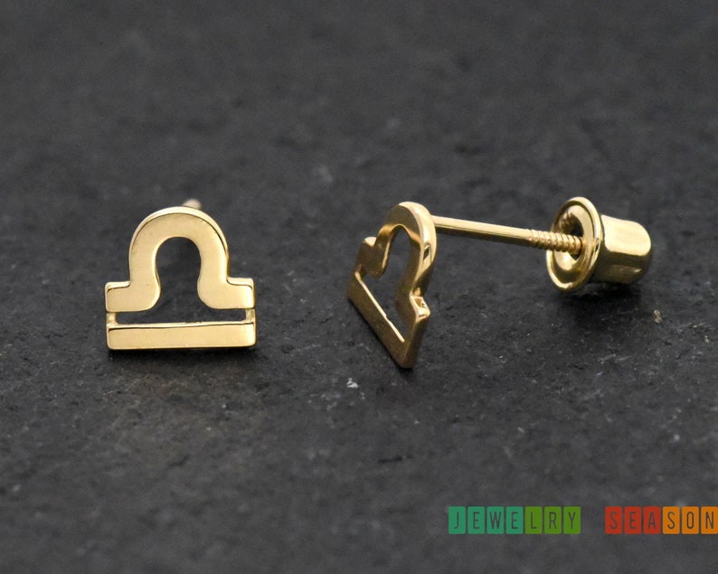 Libra Zodiac Sign Earrings, Horoscope 14k Gold Studs Screw Back Earrings, September 23 October 22 Birth Date, Air Element, Venus Sign image 2