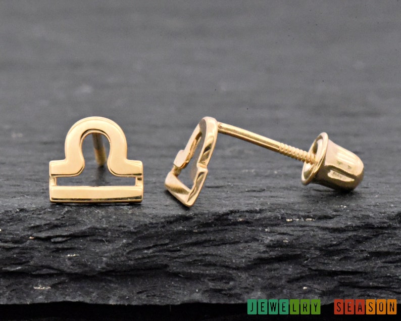 Libra Zodiac Sign Earrings, Horoscope 14k Gold Studs Screw Back Earrings, September 23 October 22 Birth Date, Air Element, Venus Sign image 1