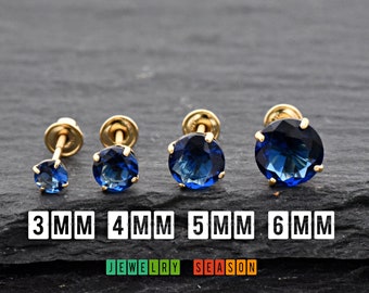 September Birthstone Blue Sapphire CZ Stud 14k Gold Earrings, Solid Gold Screw Back Earrings, Earrings for Girls, Children 14k Gold Earrings