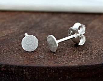 Solid 925 Sterling Silver Tiny Small 4mm Brushed Matte Flat Disc Disk Geometric Dainty Stud Push Back Earring Girls Children's Kids Gift
