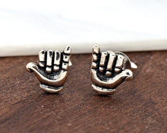 Oxidized Solid 925 Sterling Silver Tiny 8mm Hawaiian Shaka Sign Hands Dainty Stud Push Back Earring Girls Children's Kids Gift