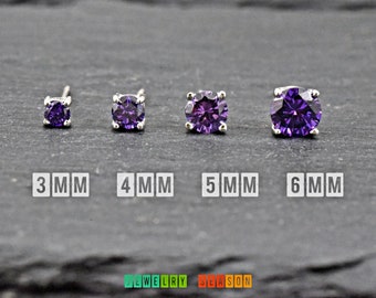 Solid 925 Sterling Silver Round Simulated February Birthstone Purple Amethyst Color CZ Basket Set Stud Push Back Earring Girls Kids Women's
