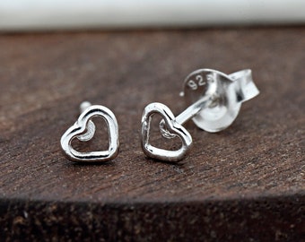 Solid 925 Sterling Silver Tiny 4mm Open Heart Dainty Stud Push Back Earring Girls Children's Kids Gift Valentine's Day