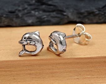 Oxidized Solid 925 Sterling Silver Small 8mm Round Dolphin Stud Push Back Earring Girls Children's Kids Women's