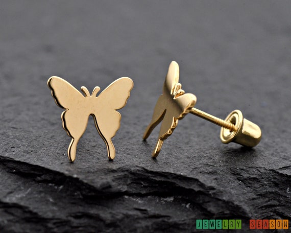Butterfly and Pearl Children's Earrings in 18K Yellow Gold