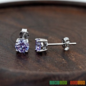 Solid 925 Sterling Silver 2mm - 6mm Round June Birthstone Light Purple Lavender Color CZ Basket Set Stud Push Back Earring Girls Women's