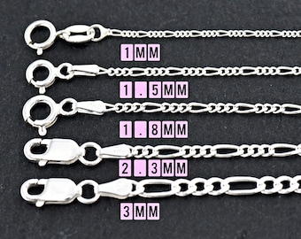 Solid 925 Sterling Silver Round Figaro Chain 1mm 1.5mm 1.8mm 2.3mm 3mm thickness 7 - 30 inches Everyday Necklaces Bracelet Jewelry