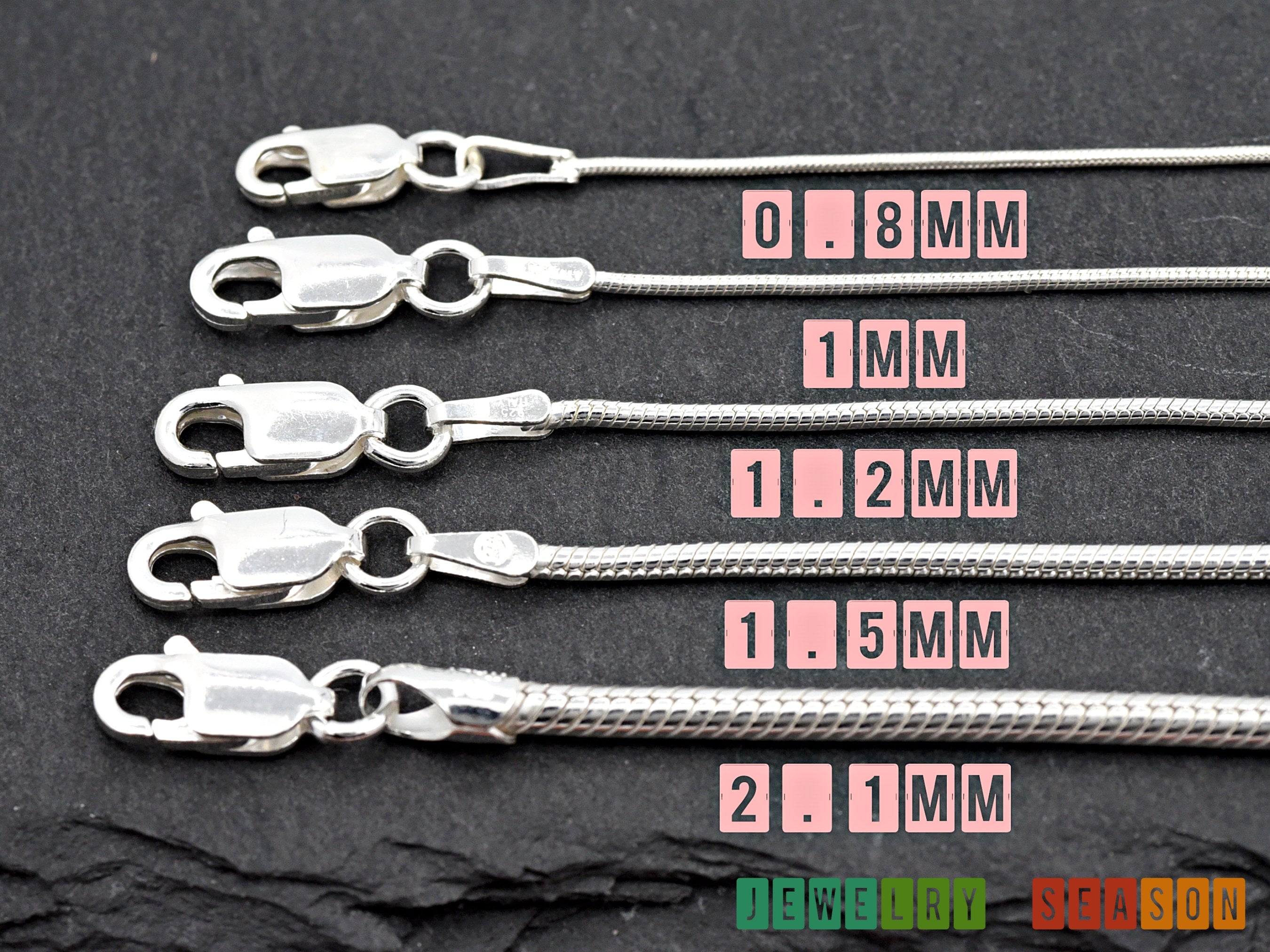 Solid 925 Sterling Silver Round Snake Chain Lobster Clasp 0.8mm 1mm 1.2mm 1.5mm 2.1mm 7 - 30 inches Everyday Necklaces Bracelet