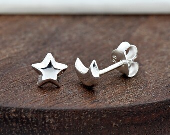 Solid 925 Sterling Silver Tiny 6mm Star and Crescent Moon Celestial Theme Stud Push Back Earring Girls Children's Kids Gift