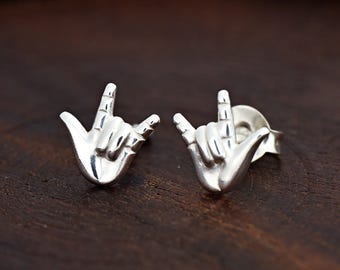 Solid 925 Sterling Silver Tiny 7mm I Love You ILY Hand Sign Language Studs Push Back Earring Girls Children's Kids Gift