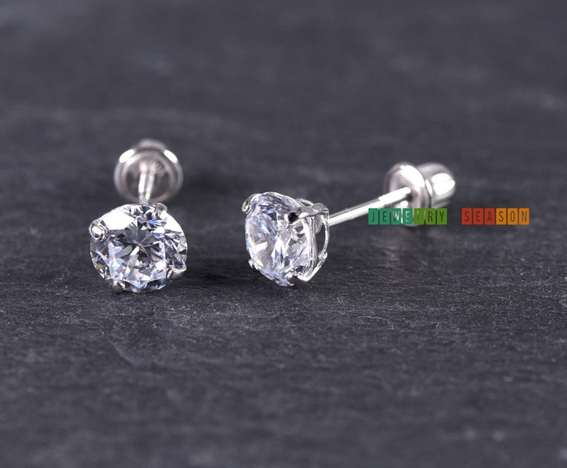 14K White Gold Round Stud Screw Back Earrings, Children, Womens Earrings, Screw Back Studs Earrings, Birthday Gift, Gift Ideas Round Earring image 4