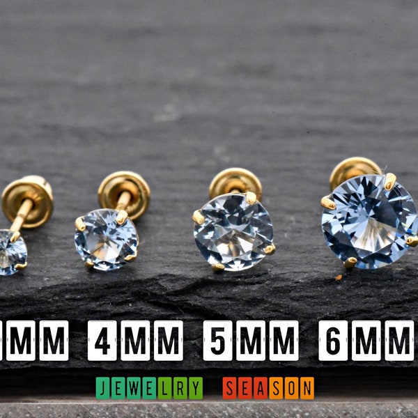 14k Gold Simulated Aquamarine CZ Earrings, Simulated March Birthstone Screw Back Studs, Girls Womens Childrens Aquamarine Birthstone Earring