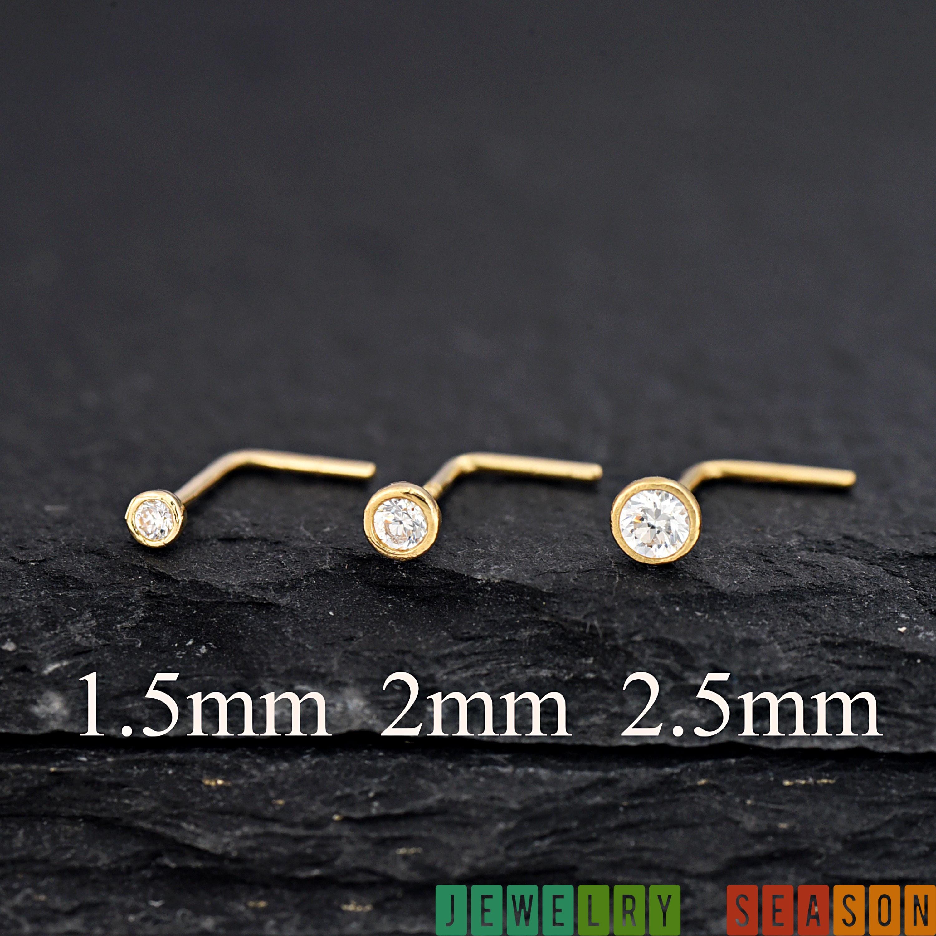 14K Gold 1.5mm 2mm 2.5mm Round Clear CZ Bezel Set L Shape Nose Ring Minimalist L Bend Gold Nose Piercing