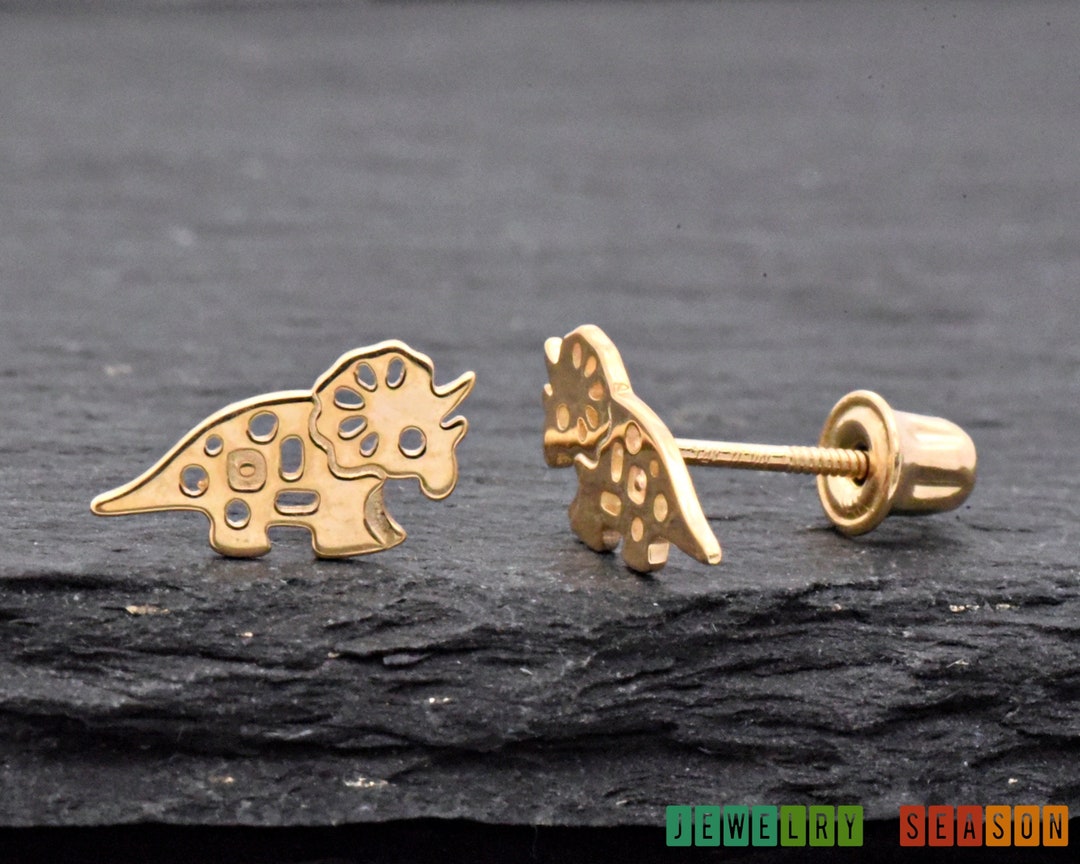 Women&#39;s Children&#39;s Girls Dinosaur Earrings, Girl&#39;s Dinosaur Earrings, 14k Gold Triceratops Dinosaur Screw Back Stud Earrings, Gift Ideas